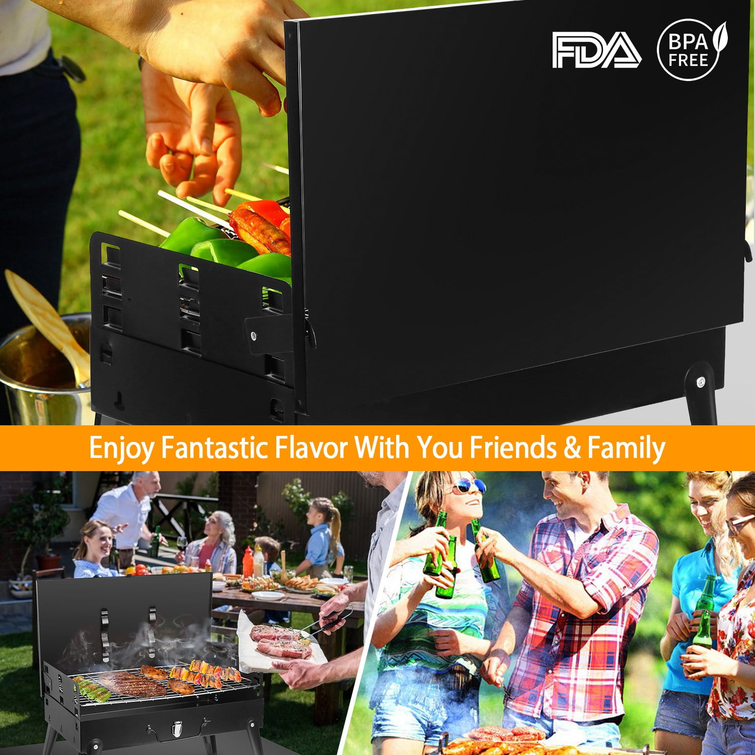 TeqHome Portable Charcoal Grill Foldable Tabletop BBQ for Camping Picnic (Black, 16.7x10x17.7 in) c7ict