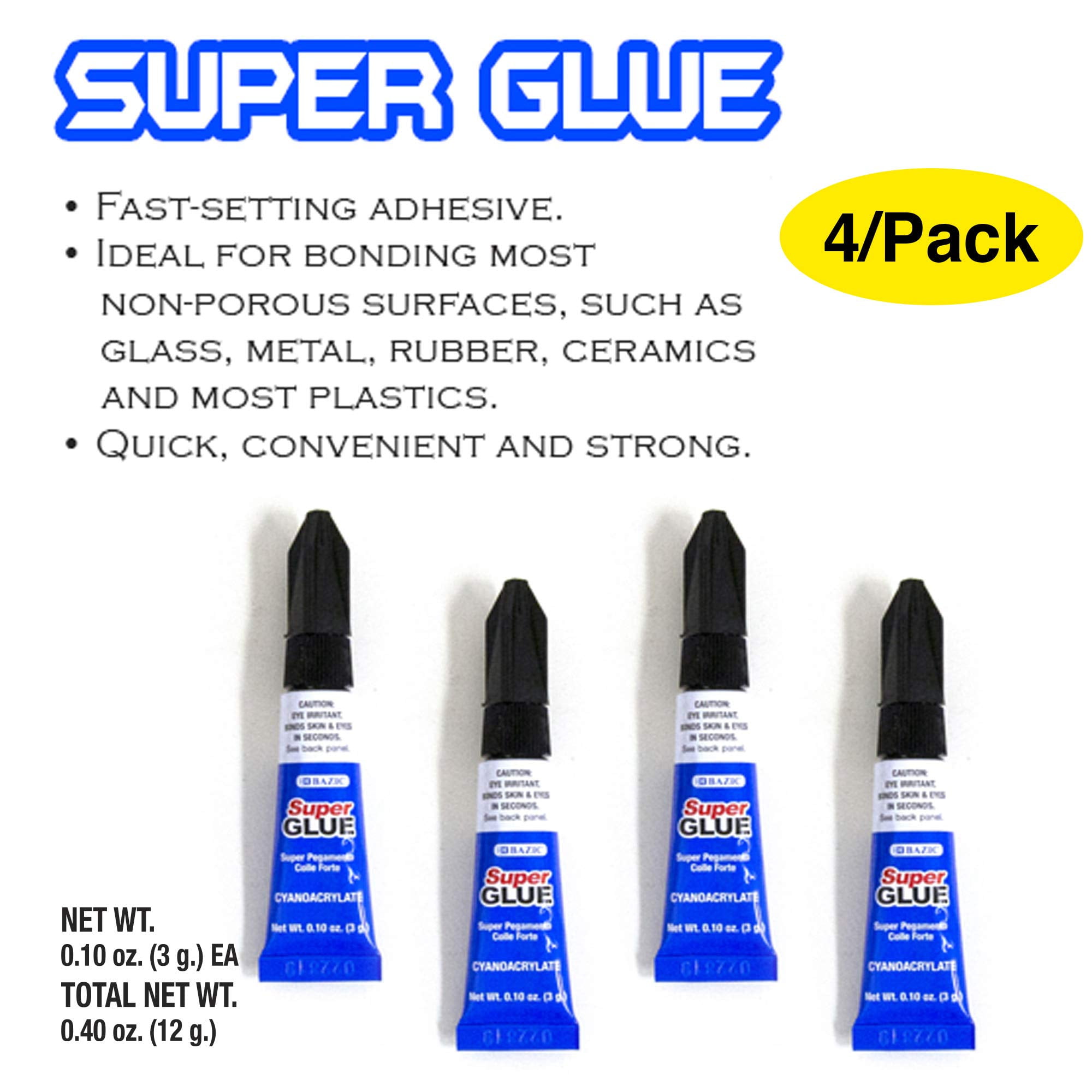 BAZIC Super Glue Instant Adhesive for Metal Plastic Wood and Ceramics (Clear, 0.10 oz, 4 Pack) 5zwcn