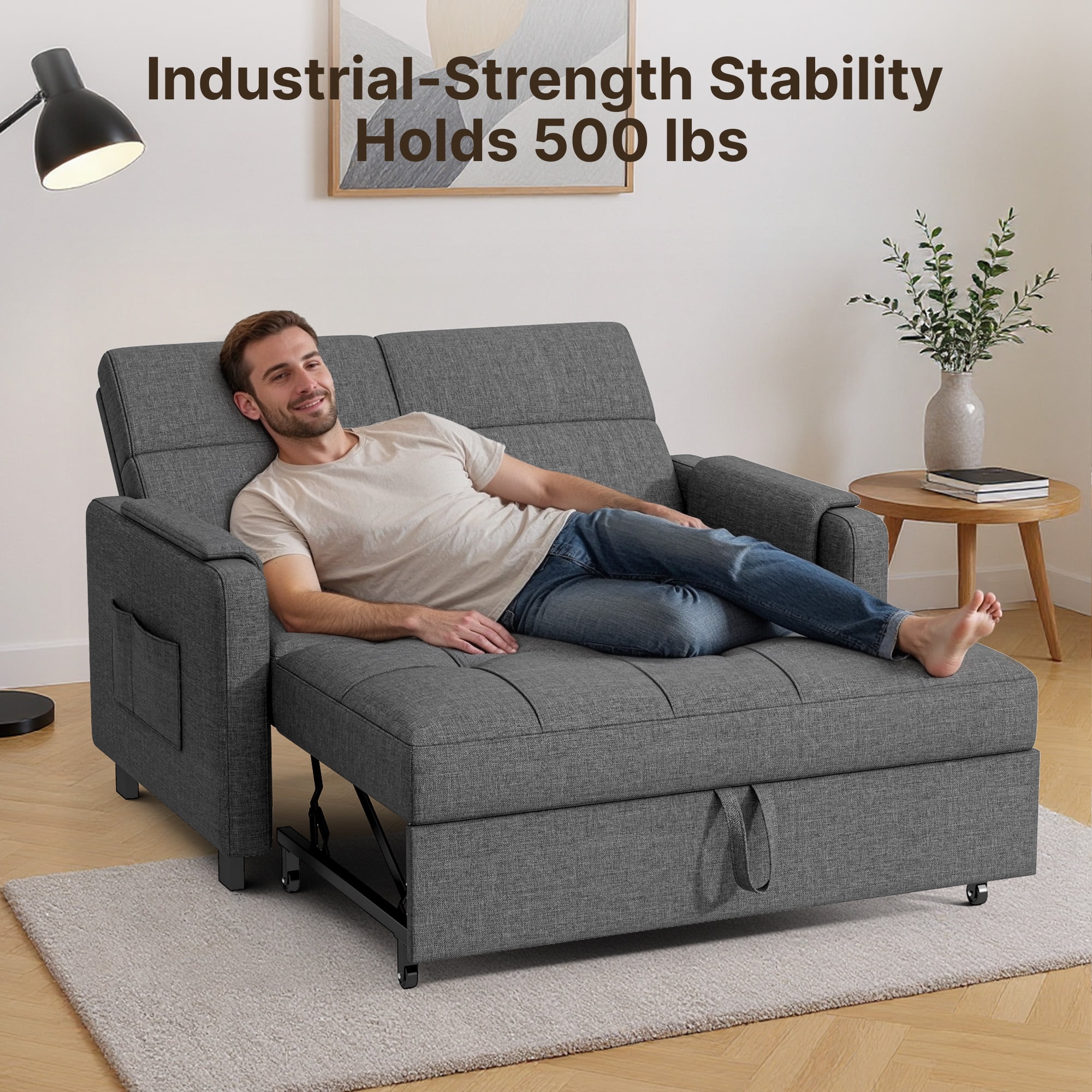 Lofka Convertible Pull Out Sofa Bed, Sleeper Loveseat with Adjustable Backrest and Storage Pocket (Grey, 47.2 in) 57va8