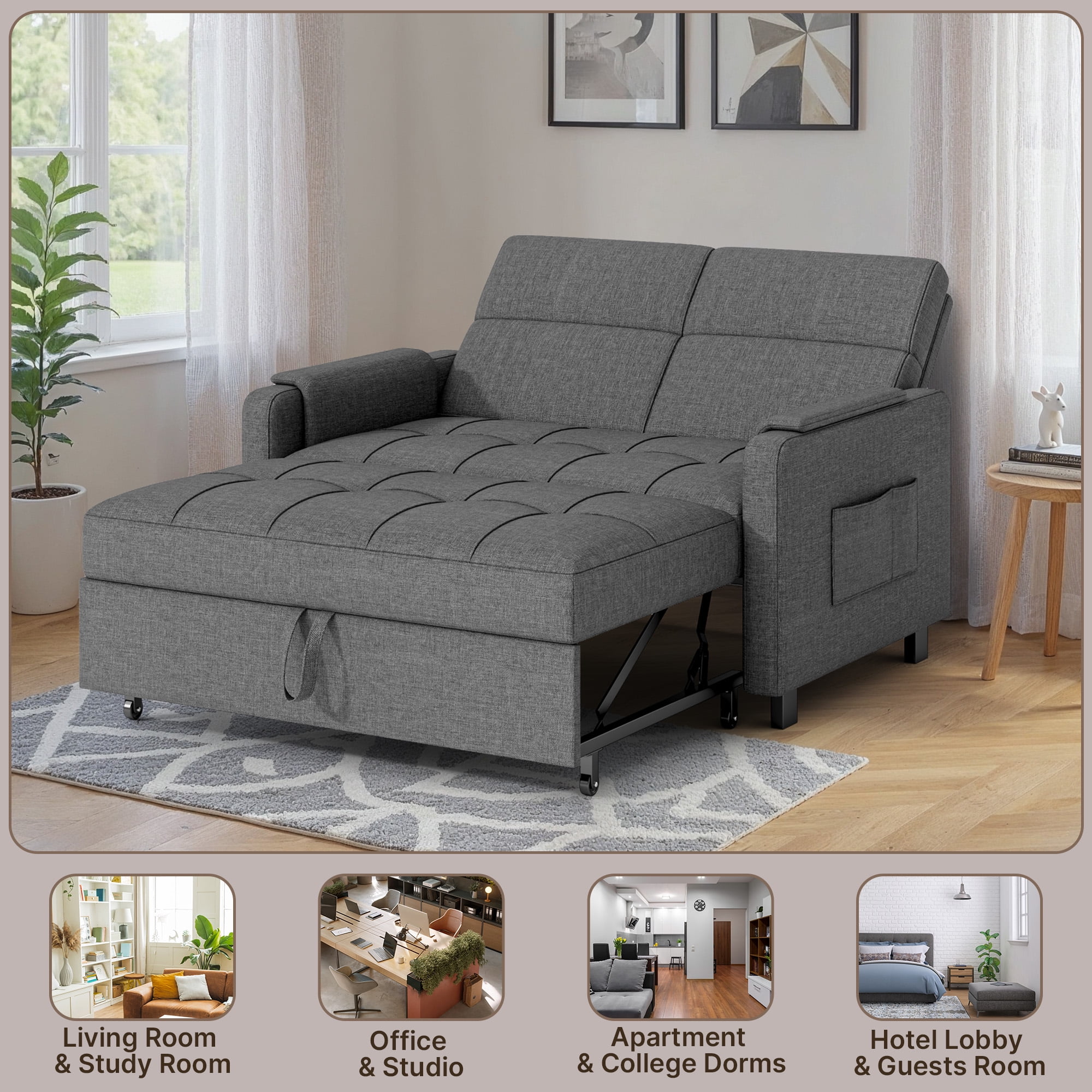 Lofka Convertible Pull Out Sofa Bed, Sleeper Loveseat with Adjustable Backrest and Storage Pocket (Grey, 47.2 in) 57va8