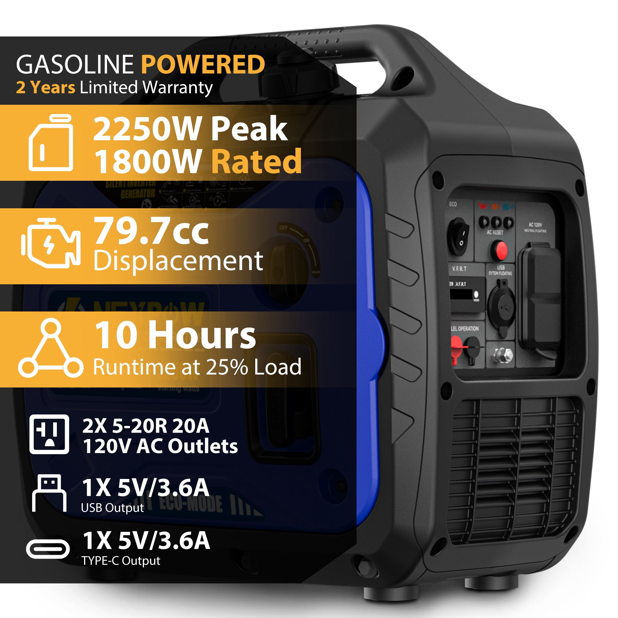 NEXPOW 2250W Portable Inverter Generator, Quiet Gasoline Power for Home Backup and Camping (2250W) 6x6w5
