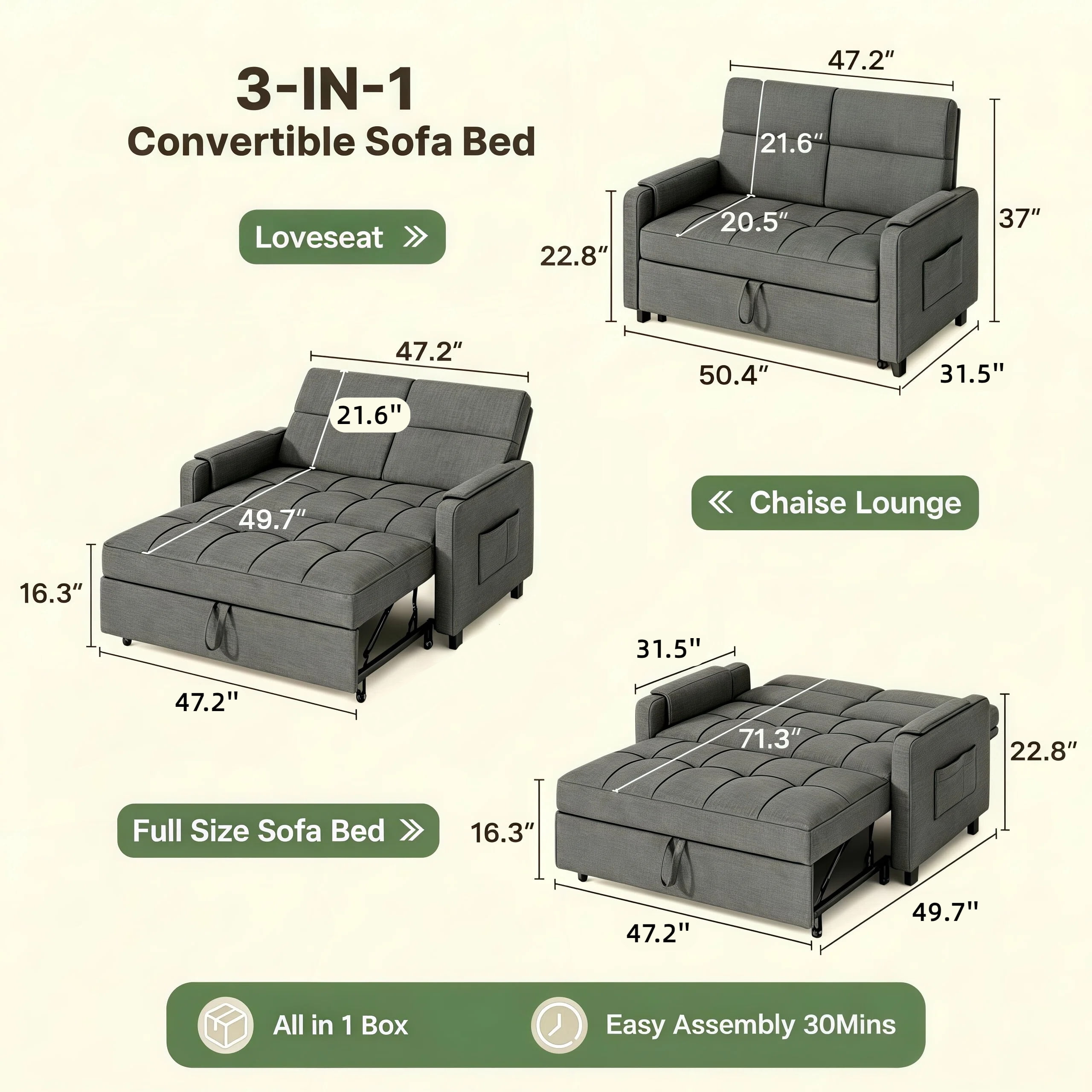 Lofka Convertible Pull Out Sofa Bed, Sleeper Loveseat with Adjustable Backrest and Storage Pocket (Grey, 47.2 in) 57va8