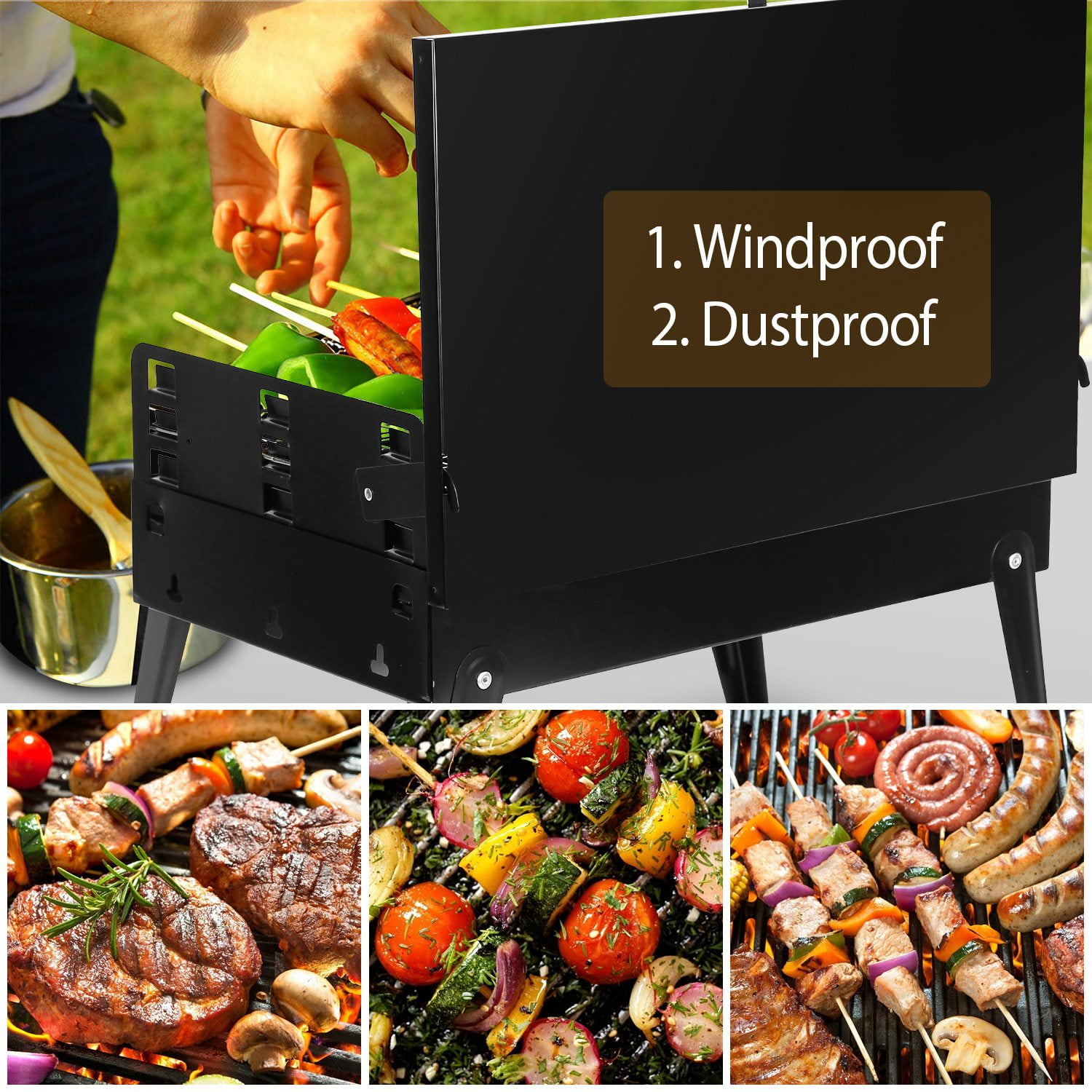 TeqHome Portable Charcoal Grill Foldable Tabletop BBQ for Camping Picnic (Black, 16.7x10x17.7 in) c7ict