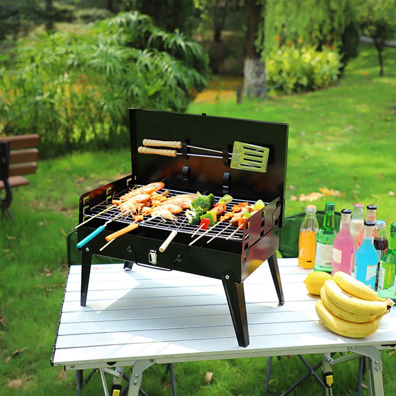 TeqHome Portable Charcoal Grill Foldable Tabletop BBQ for Camping Picnic (Black, 16.7x10x17.7 in) c7ict