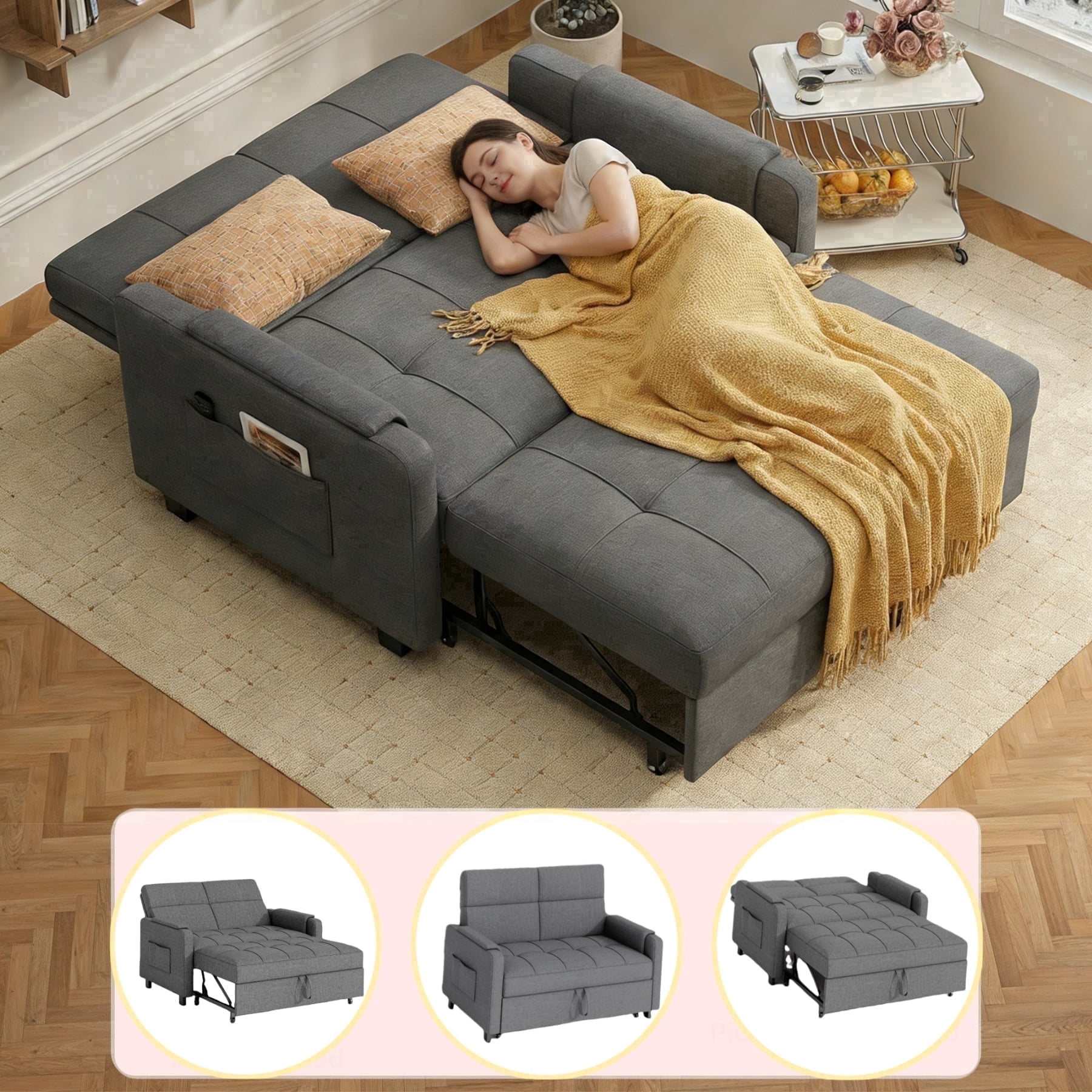 Lofka Convertible Pull Out Sofa Bed, Sleeper Loveseat with Adjustable Backrest and Storage Pocket (Grey, 47.2 in) 57va8