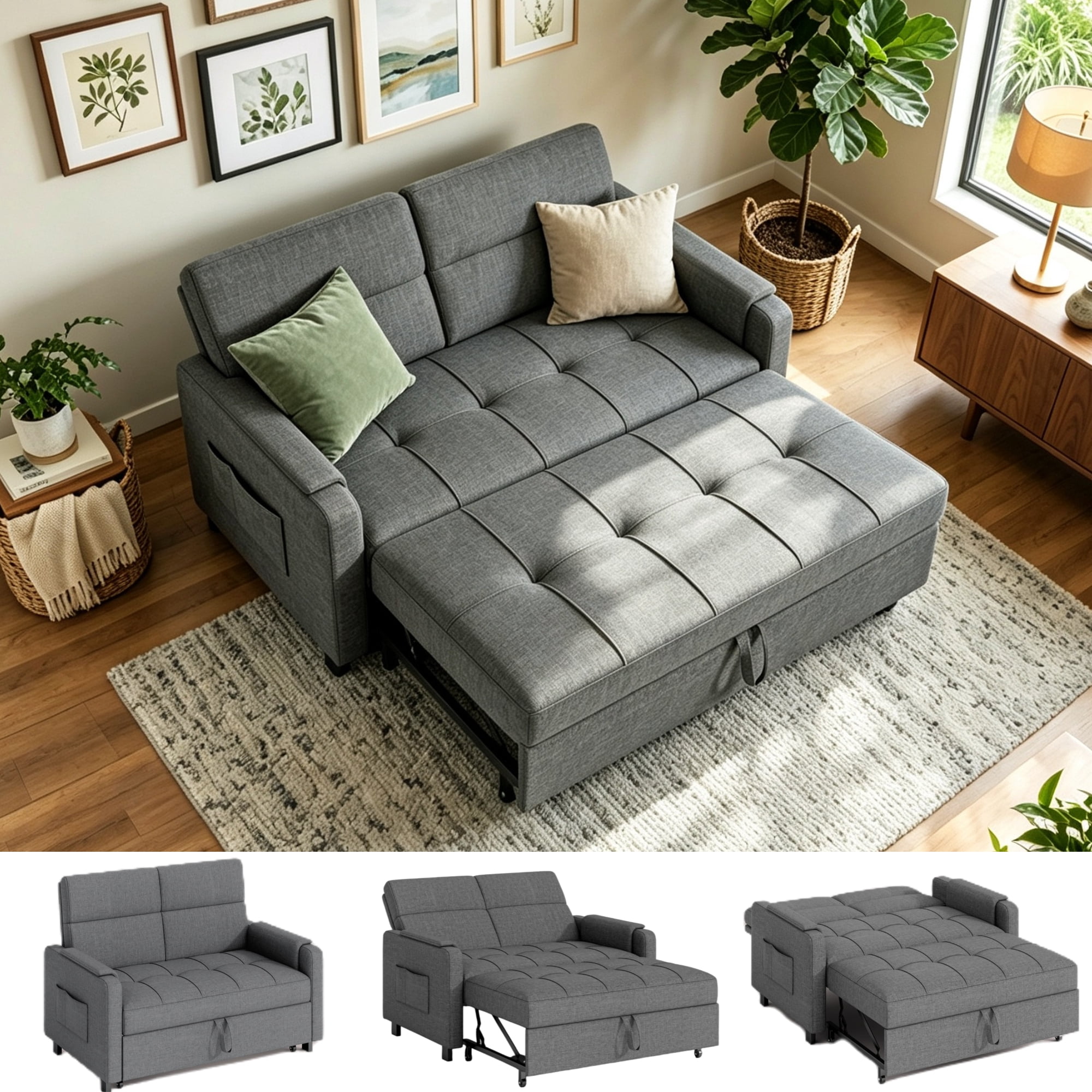 Lofka Convertible Pull Out Sofa Bed, Sleeper Loveseat with Adjustable Backrest and Storage Pocket (Grey, 47.2 in) 57va8