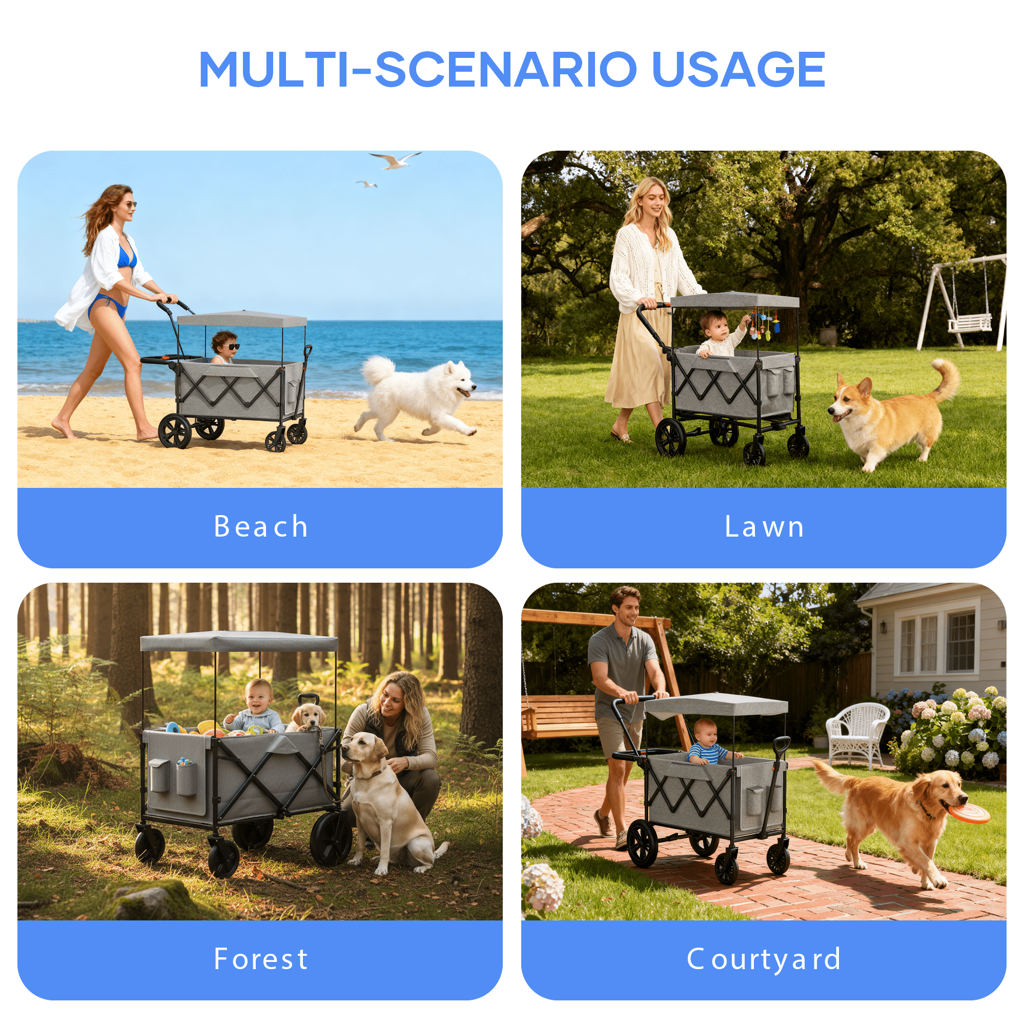SaveJoy 3-in-1 Collapsible Wagon Stroller for 2 Toddlers, All-Terrain Wheels with Removable Canopy (Grey, 220 lb Capacity) t42b9