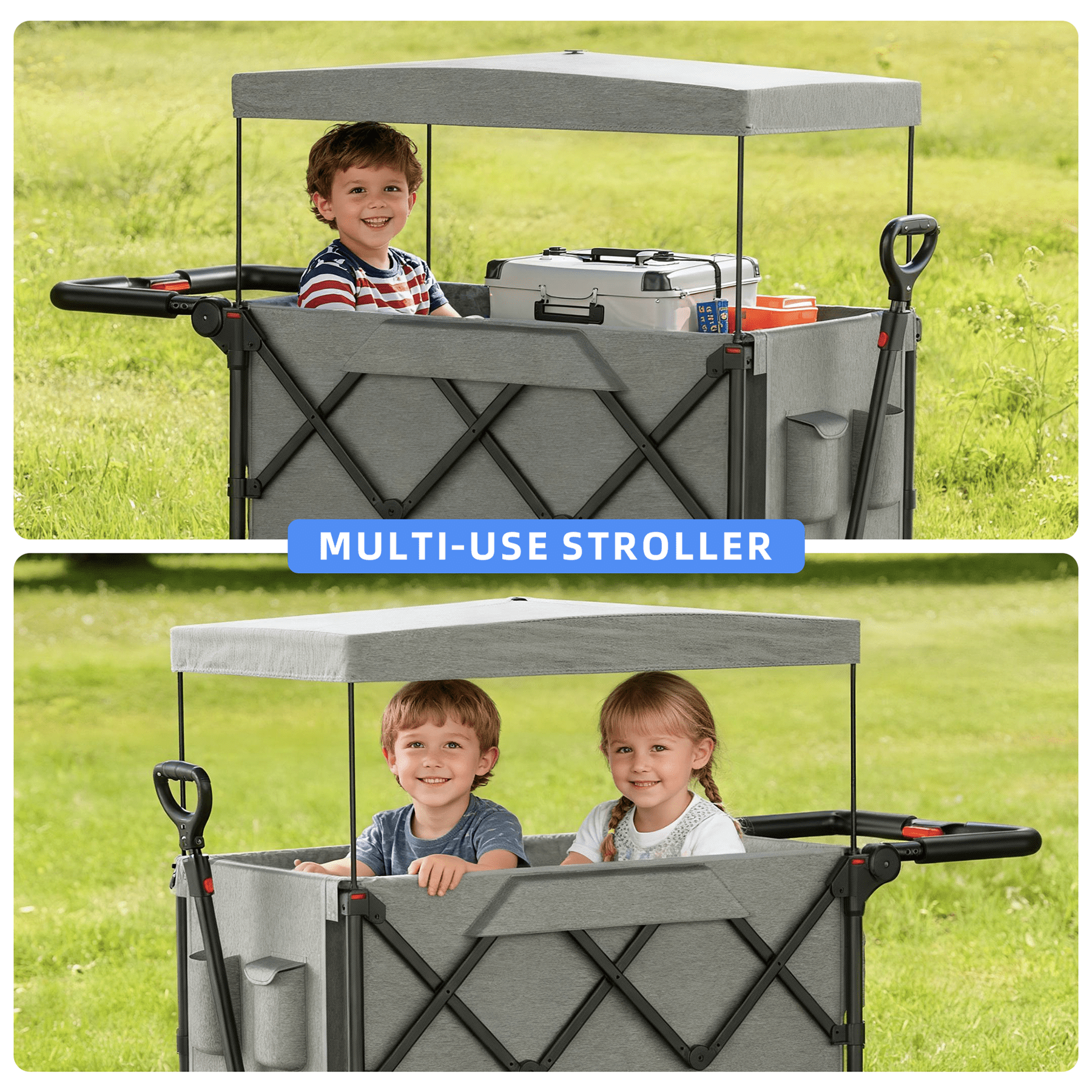 SaveJoy 3-in-1 Collapsible Wagon Stroller for 2 Toddlers, All-Terrain Wheels with Removable Canopy (Grey, 220 lb Capacity) t42b9