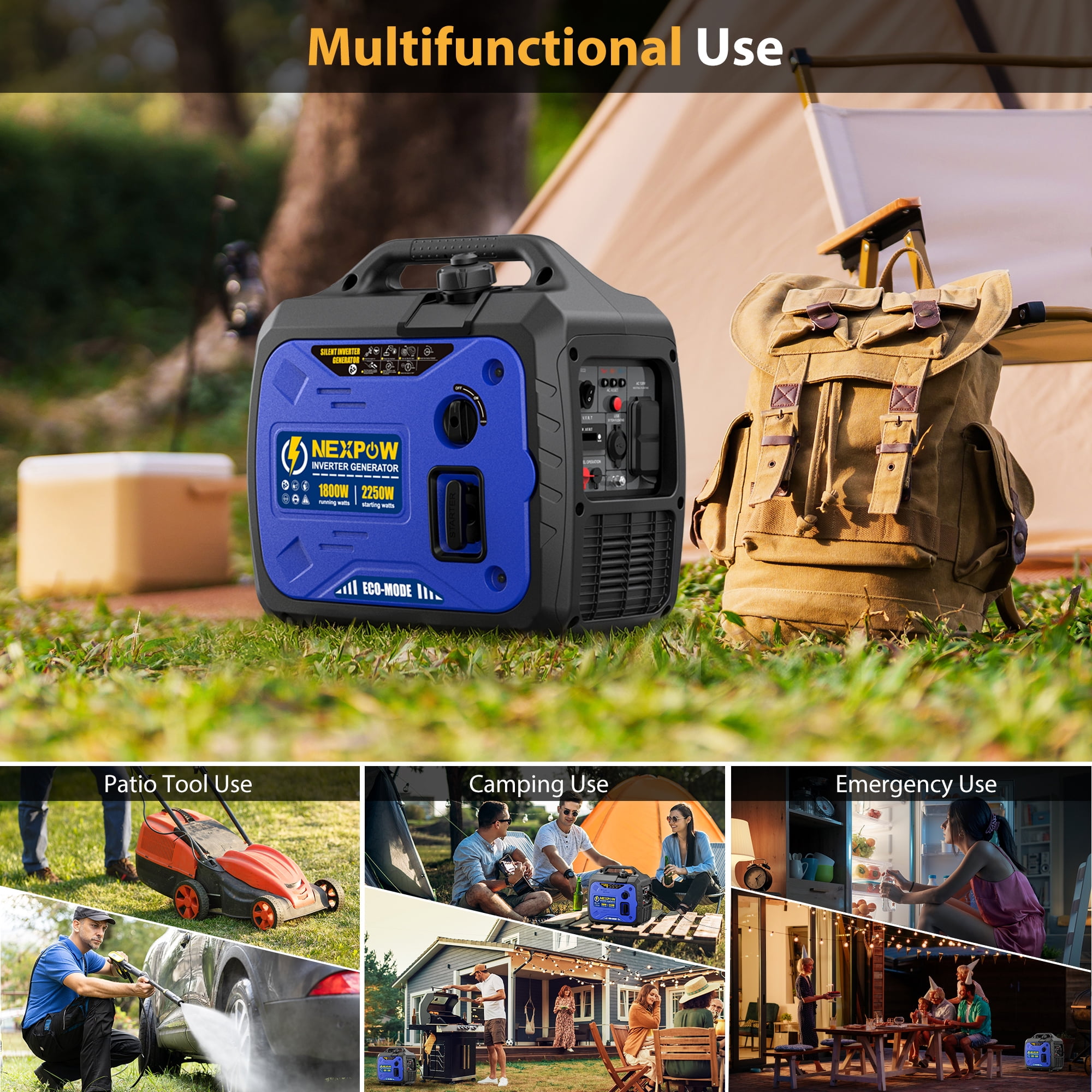 NEXPOW 2250W Portable Inverter Generator, Quiet Gasoline Power for Home Backup and Camping (2250W) 6x6w5