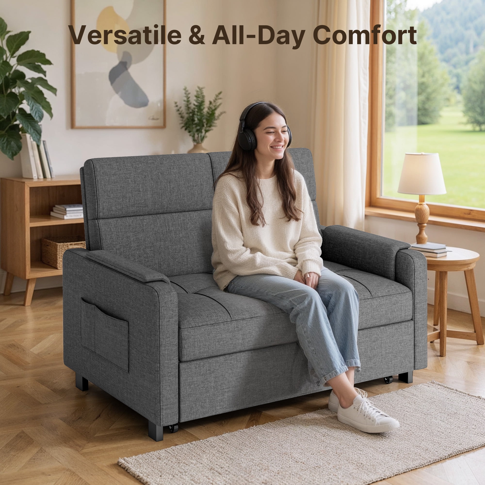 Lofka Convertible Pull Out Sofa Bed, Sleeper Loveseat with Adjustable Backrest and Storage Pocket (Grey, 47.2 in) 57va8
