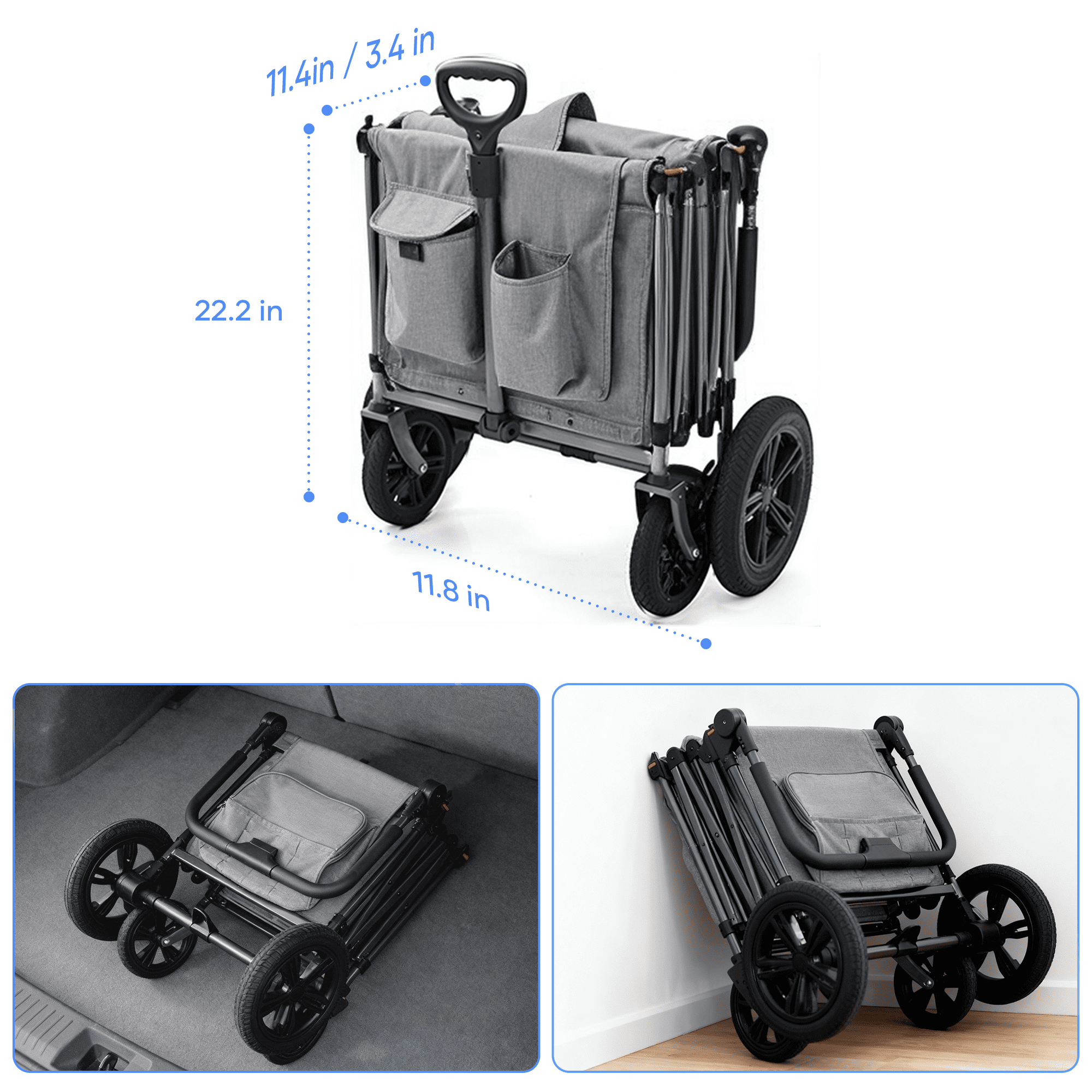 SaveJoy 3-in-1 Collapsible Wagon Stroller for 2 Toddlers, All-Terrain Wheels with Removable Canopy (Grey, 220 lb Capacity) t42b9