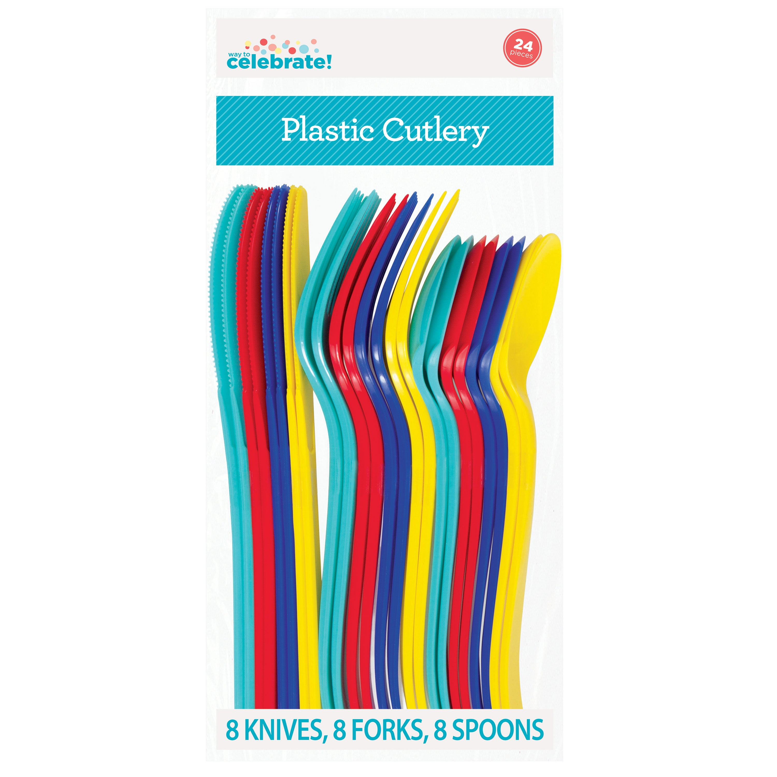 Way To Celebrate Disposable Cutlery Set, Party Supplies for Birthday and Events (Assorted Colors, 24 Pieces) pzjzr