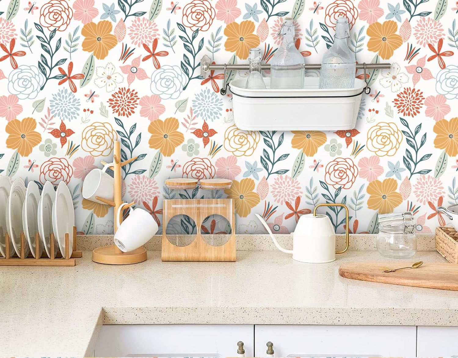 Caltero Floral Peel and Stick Wallpaper, Boho Pink Floral Contact Paper for Bathroom and Cabinet (17.7 in x 394 in) 4uf9r