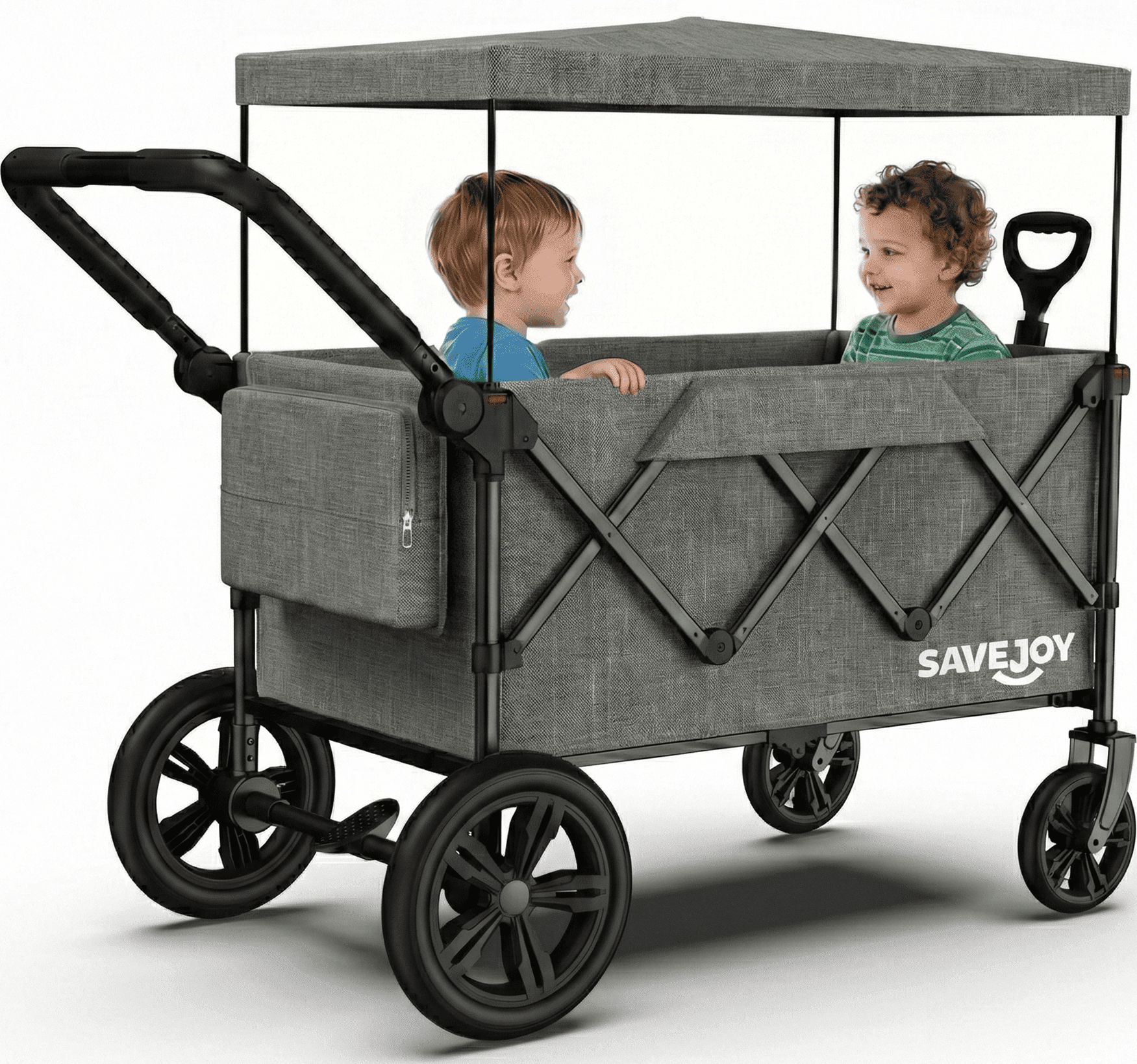 SaveJoy 3-in-1 Collapsible Wagon Stroller for 2 Toddlers, All-Terrain Wheels with Removable Canopy (Grey, 220 lb Capacity) t42b9