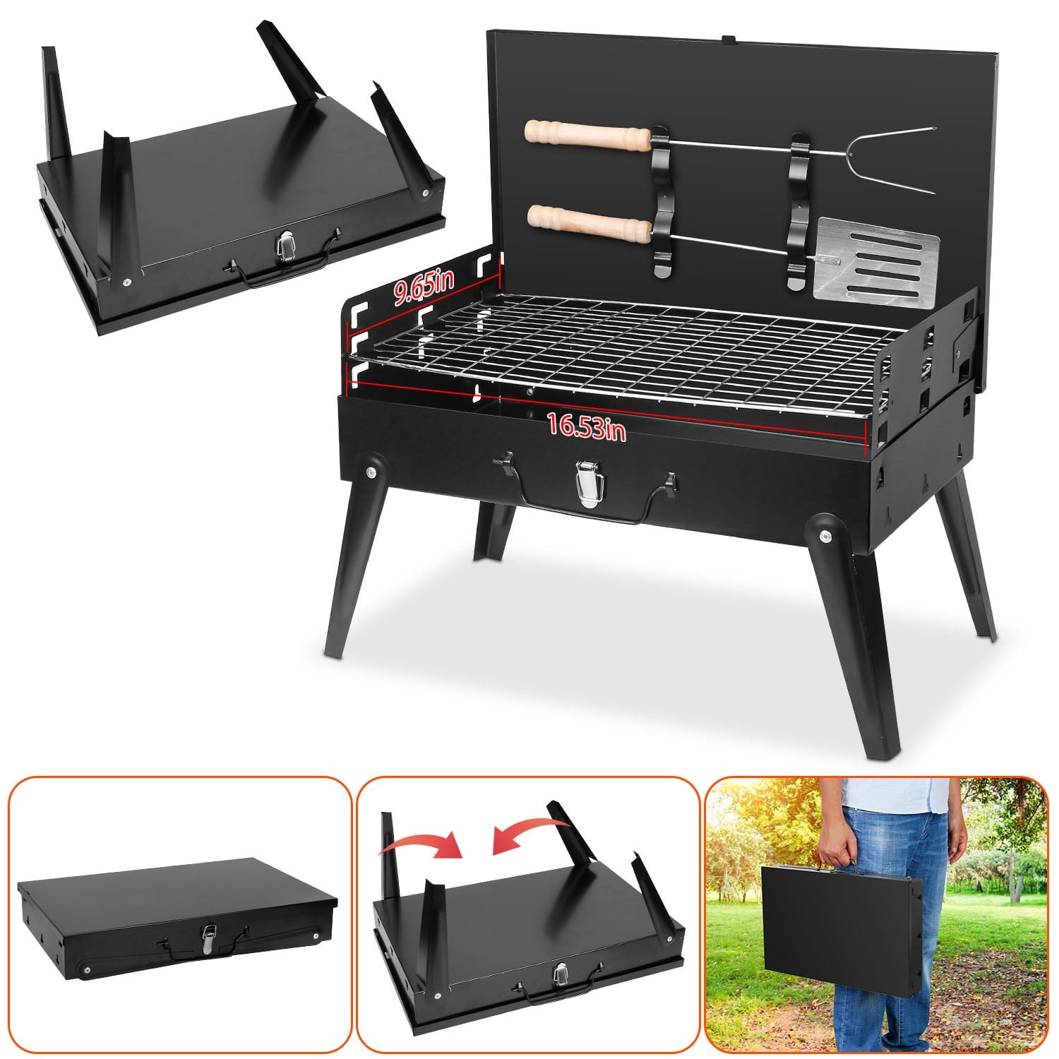 TeqHome Portable Charcoal Grill Foldable Tabletop BBQ for Camping Picnic (Black, 16.7x10x17.7 in) c7ict