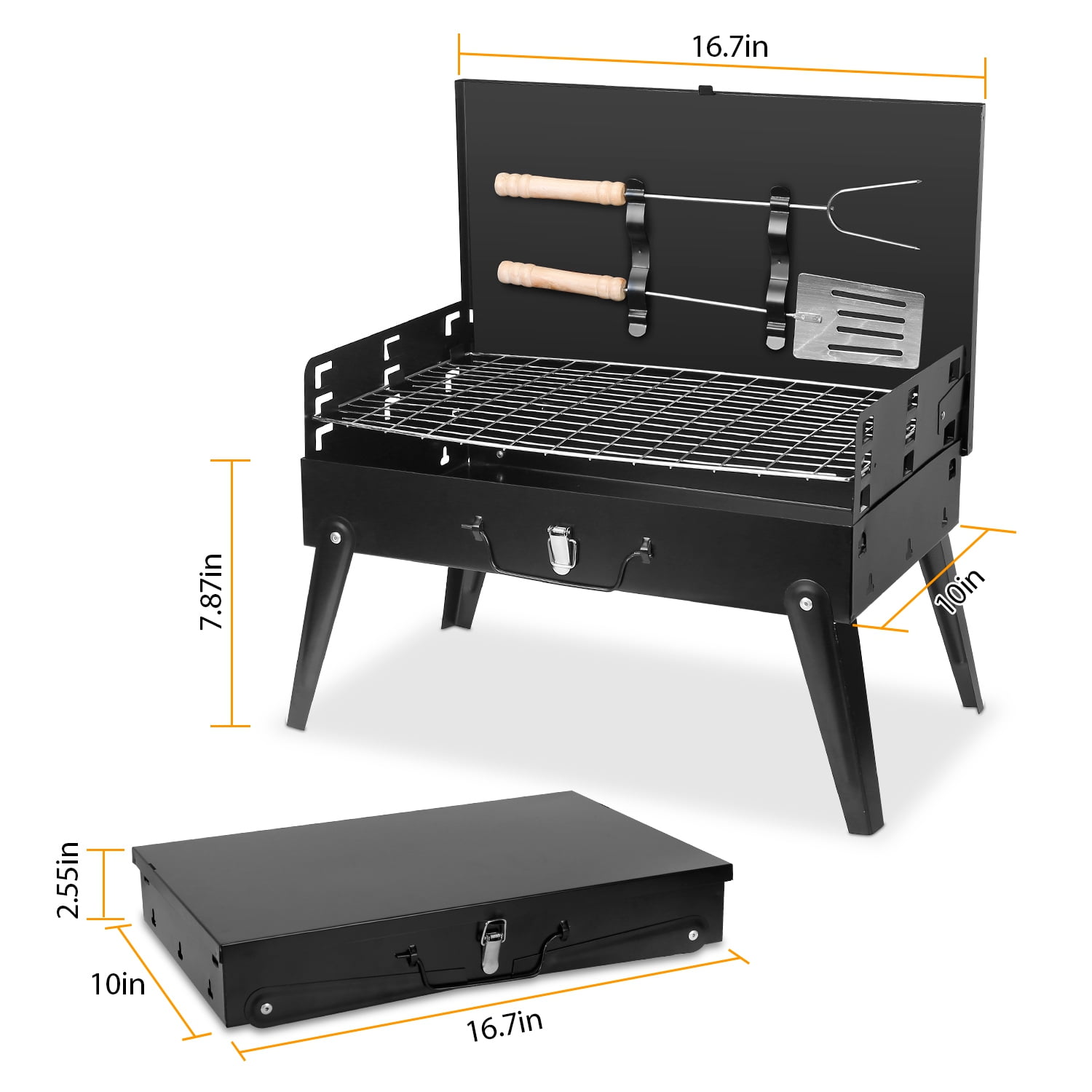 TeqHome Portable Charcoal Grill Foldable Tabletop BBQ for Camping Picnic (Black, 16.7x10x17.7 in) c7ict