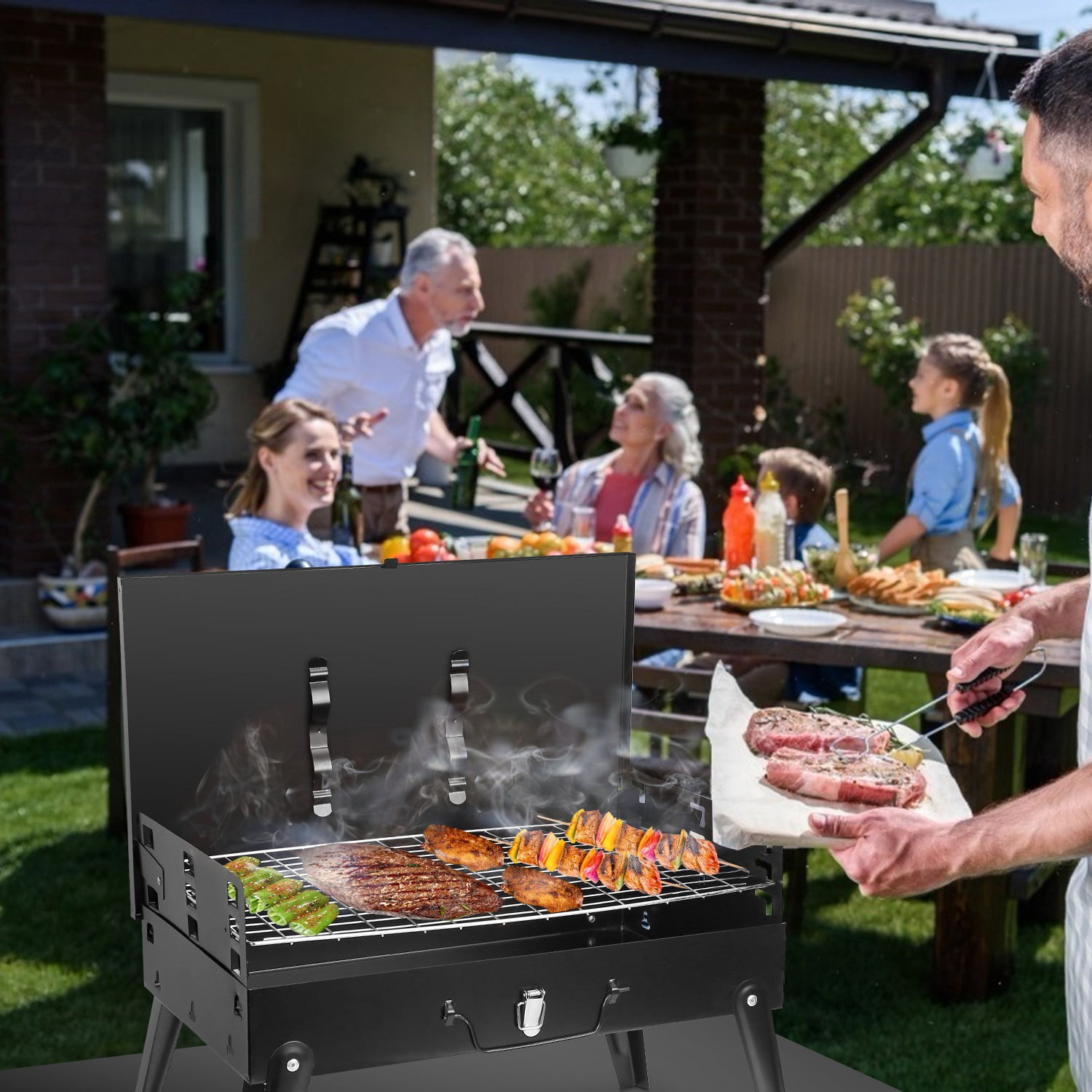 TeqHome Portable Charcoal Grill Foldable Tabletop BBQ for Camping Picnic (Black, 16.7x10x17.7 in) c7ict