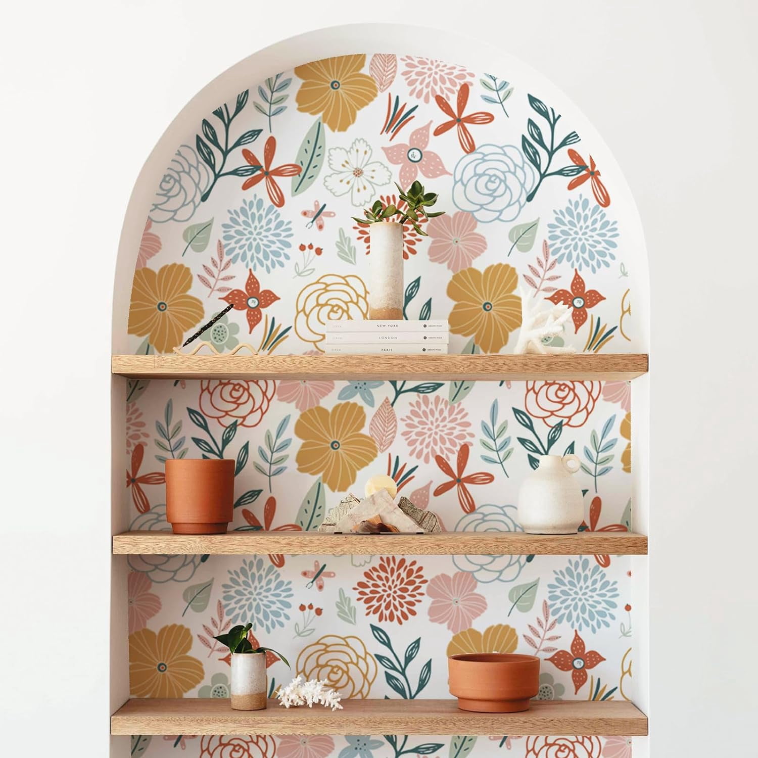 Caltero Floral Peel and Stick Wallpaper, Boho Pink Floral Contact Paper for Bathroom and Cabinet (17.7 in x 394 in) 4uf9r