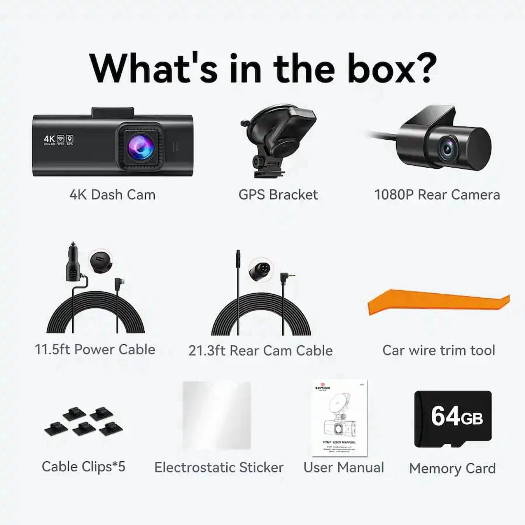 REDTIGER 4K Dual Dash Cam Front and Rear with GPS and Wi-Fi (Black, 3.16 in Screen) 92cpk