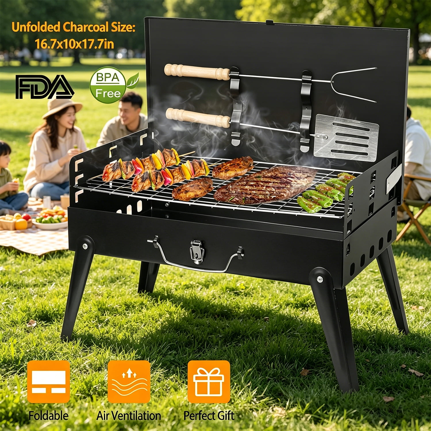 TeqHome Portable Charcoal Grill Foldable Tabletop BBQ for Camping Picnic (Black, 16.7x10x17.7 in) c7ict