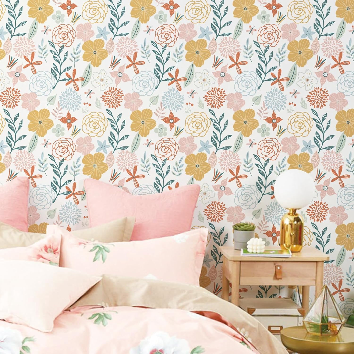 Caltero Floral Peel and Stick Wallpaper, Boho Pink Floral Contact Paper for Bathroom and Cabinet (17.7 in x 394 in) 4uf9r