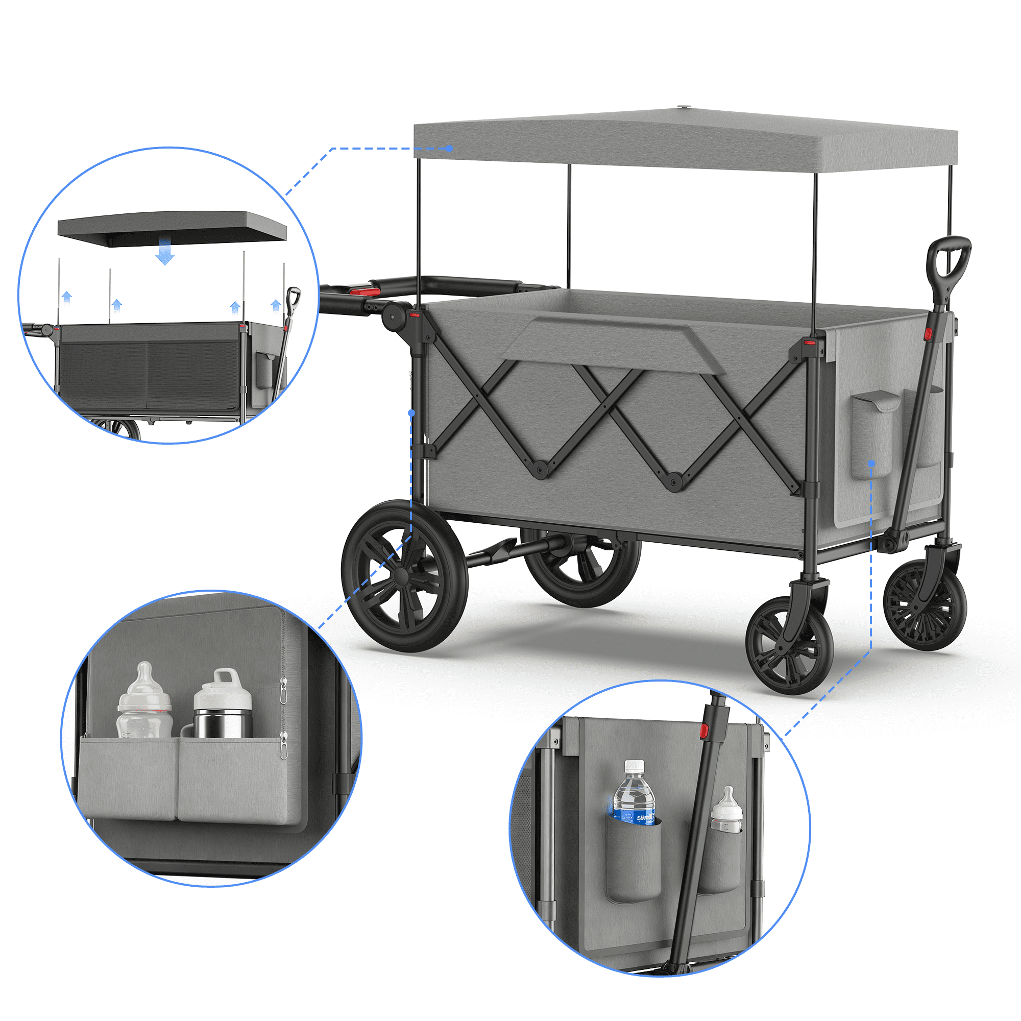 SaveJoy 3-in-1 Collapsible Wagon Stroller for 2 Toddlers, All-Terrain Wheels with Removable Canopy (Grey, 220 lb Capacity) t42b9
