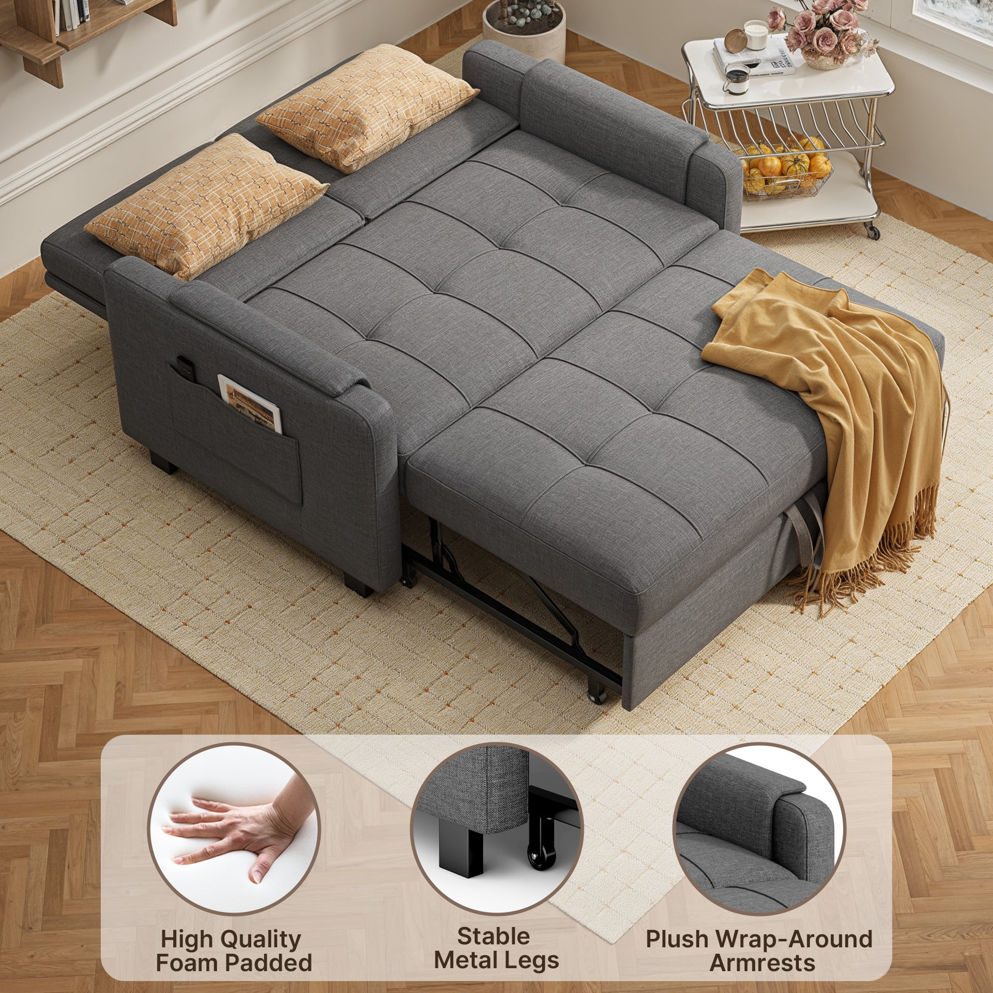 Lofka Convertible Pull Out Sofa Bed, Sleeper Loveseat with Adjustable Backrest and Storage Pocket (Grey, 47.2 in) 57va8