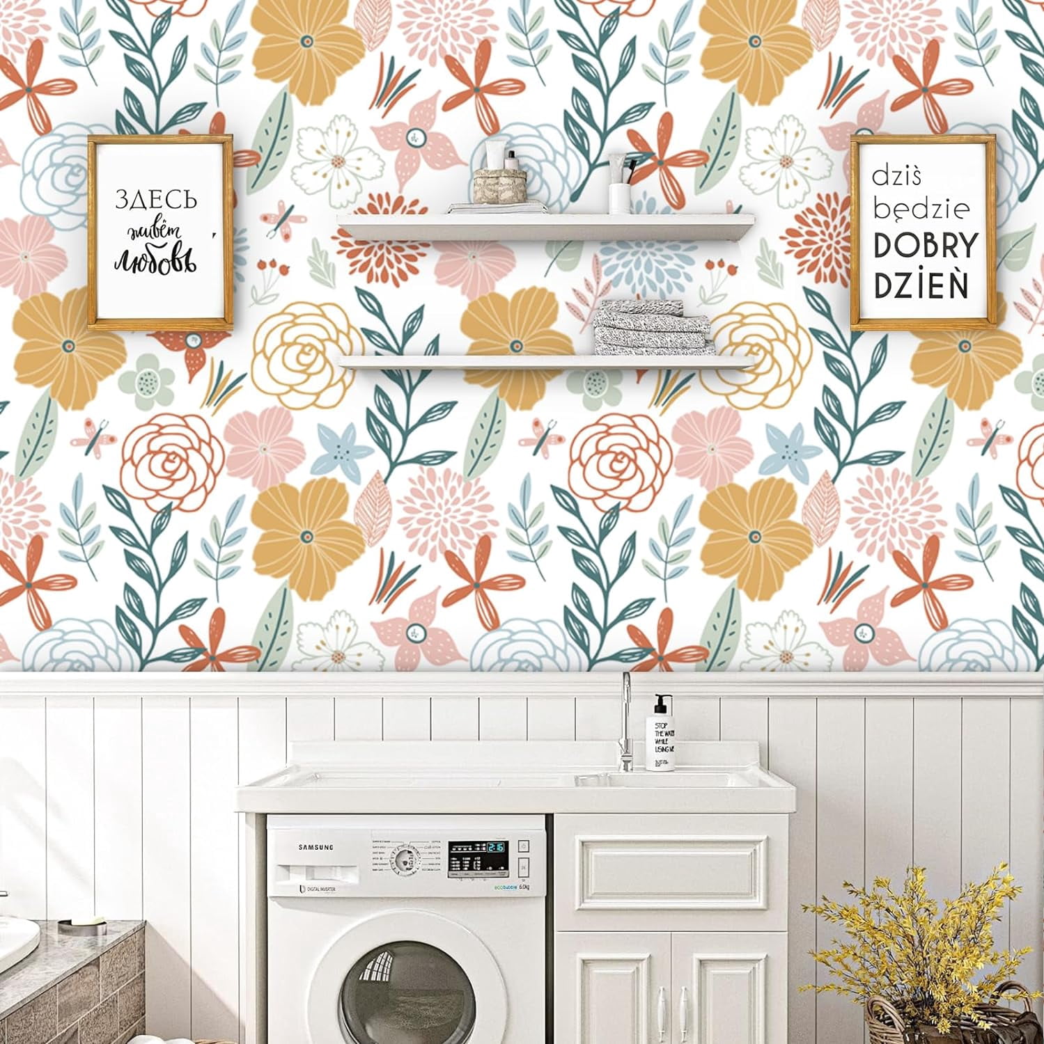 Caltero Floral Peel and Stick Wallpaper, Boho Pink Floral Contact Paper for Bathroom and Cabinet (17.7 in x 394 in) 4uf9r