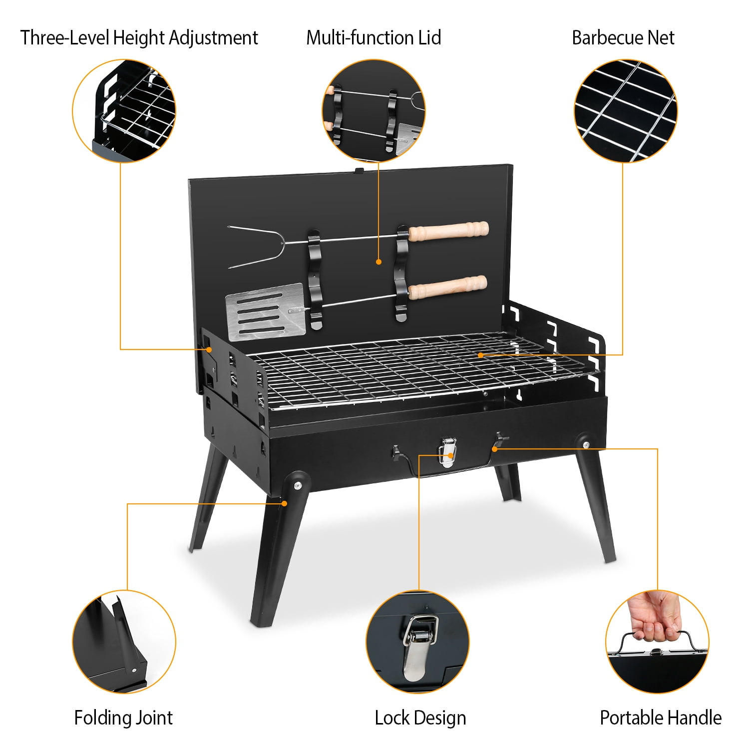 TeqHome Portable Charcoal Grill Foldable Tabletop BBQ for Camping Picnic (Black, 16.7x10x17.7 in) c7ict